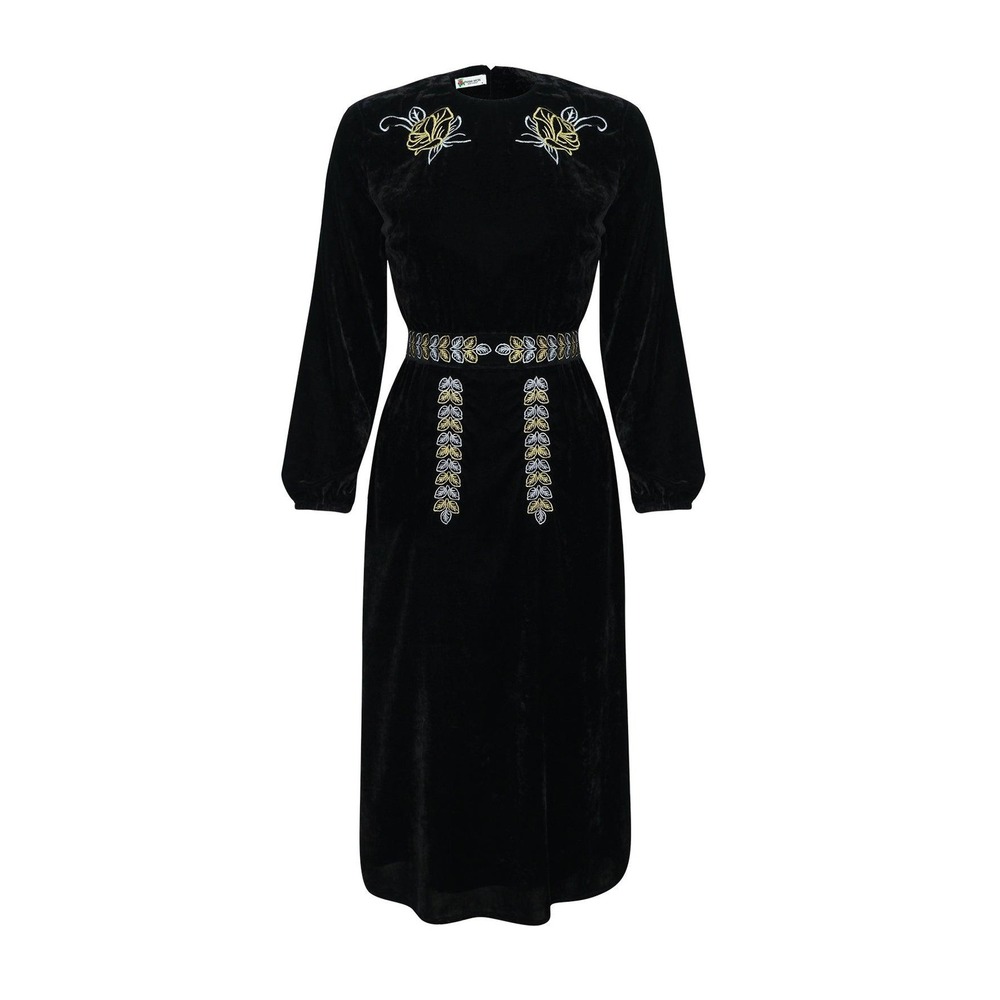 NWT Fanm Mon Black Velvet Floral Embroidered Ezgi Midi Dress Long Sleeve Small